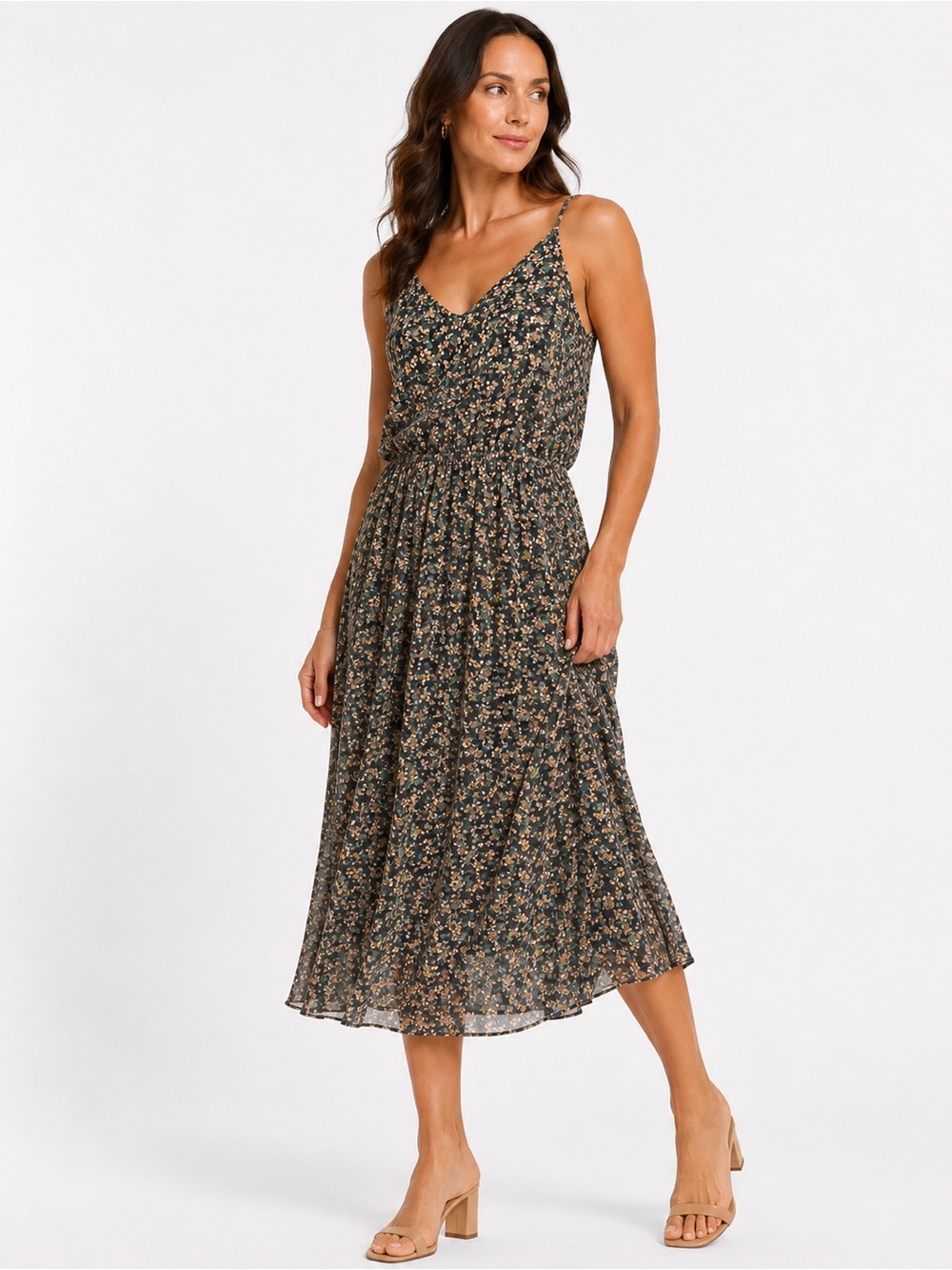 Prana Black Floral V-Neck Spaghetti-Strap Midi Dress